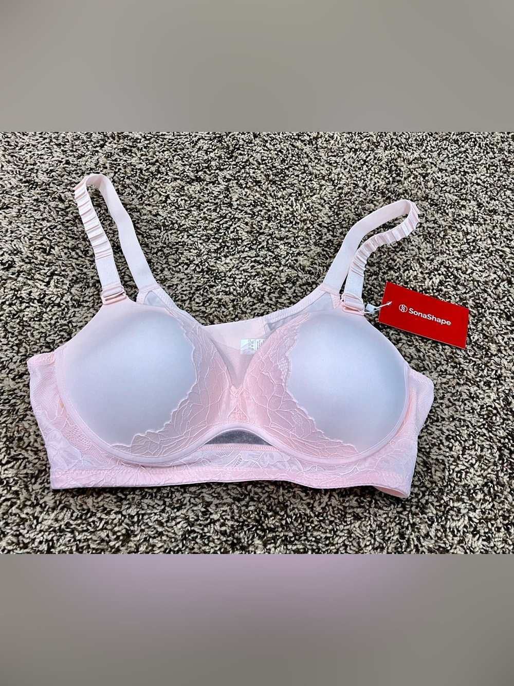 SonaShape Pink Lace Bra Wireless Molded Comfort Support L New NWT